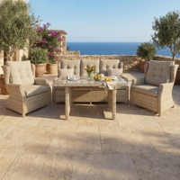 Aluminium-Rattan-Sofa-Set mit 200g Olefin-Stoffkissen Halbrunde Korbmöbel für den Garten mit Tisch aus Gehärtetem Glas