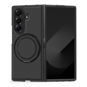 Funda de Teléfono de Lujo con Textura de Fibra de Carbono y Cuero PU para Samsung Fold 7 3 4 5 6 con Protección de 360° °   Funda Trasera Antigolpes con Anillo Magnético - Product Image 1