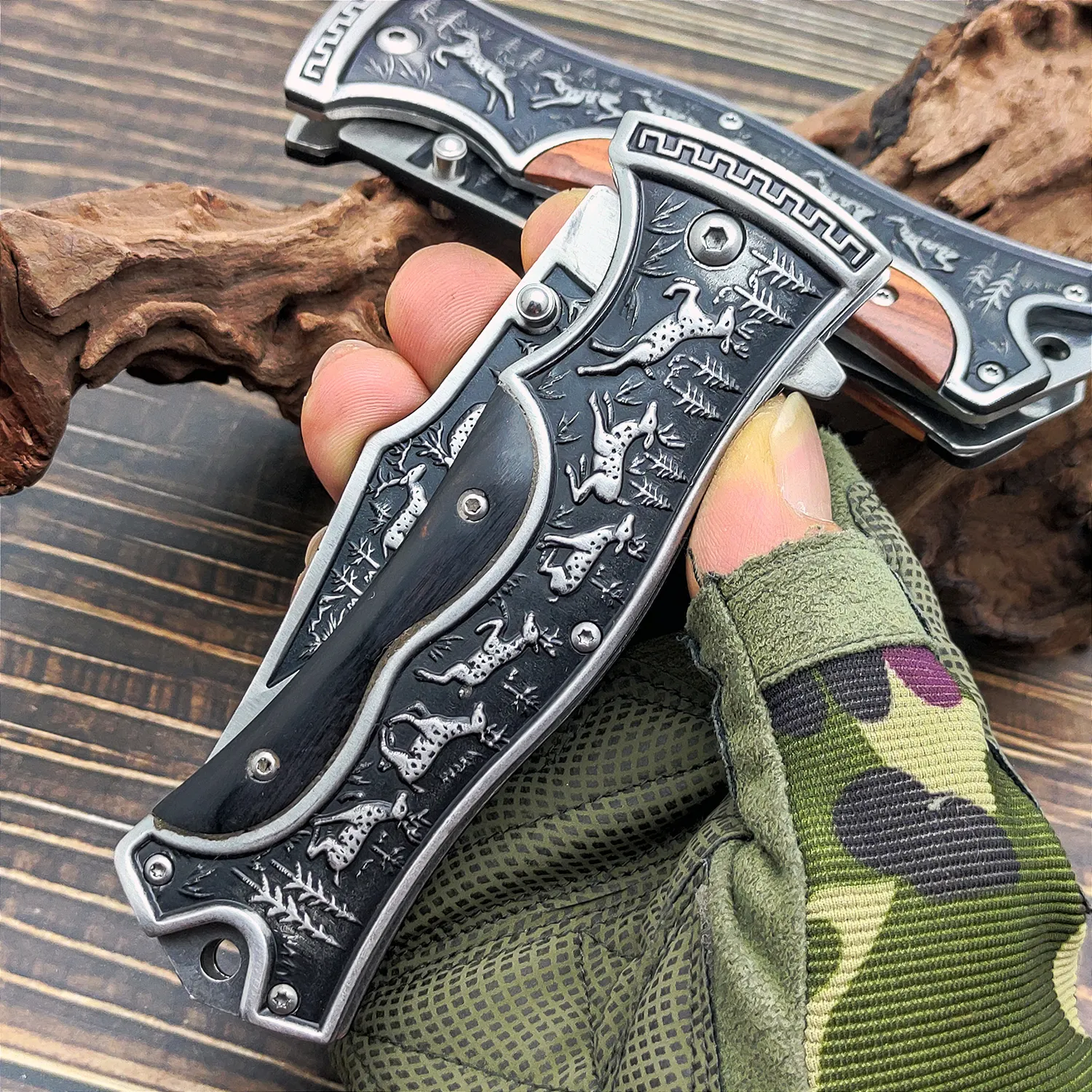 2024 New Style Folding Pocket Knife Self-Defense Knives with wooden handle and animal pattern