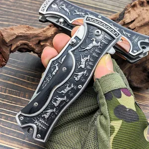 Cuchillo de bolsillo plegable de nuevo estilo 2024, cuchillos de autodefensa con mango de madera y patrón de animales