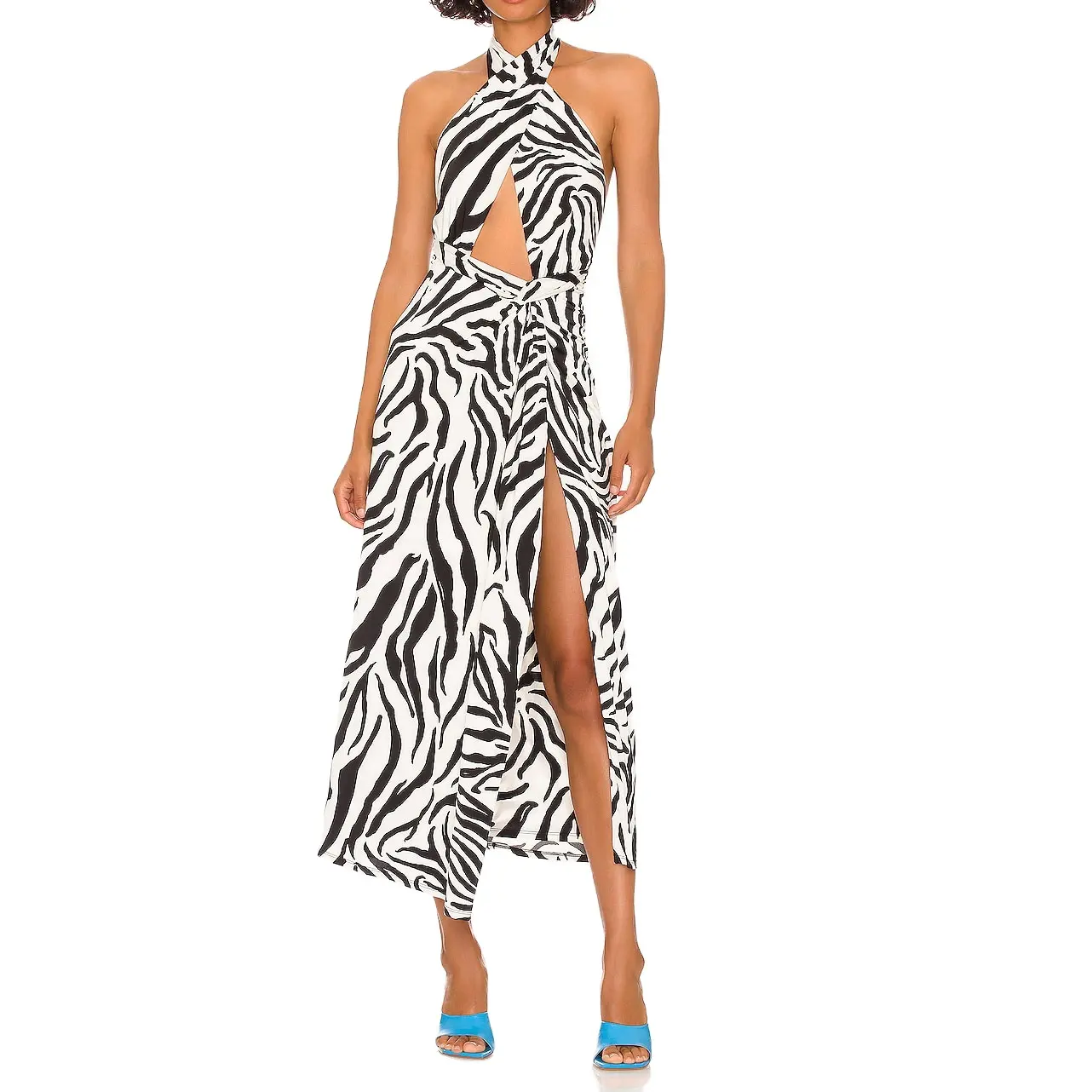 Linda Mode Op Maat Nieuwste Ontwerpen Dierenpatroon Cross Zebra Patroon Uitgehold Ontwerp Backless High Split Maxi Jurk