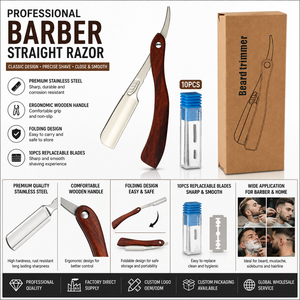 <span class=keywords><strong>Rasoir</strong></span> droit professionnel pour barbier, 10 lames remplaçables, manche en bois, <span class=keywords><strong>rasoir</strong></span> pliant, <span class=keywords><strong>rasoir</strong></span> à barbe, vente en gros OEM - Product Image 1