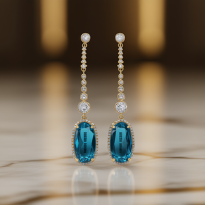 Orecchini pendenti Aurea Nicole in oro bianco con topazio blu e diamanti incastonati a castone, gioielli di lusso da donna per matrimoni - Product Image 2