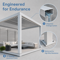 Pergola extérieure intelligente à lames orientables, finition grain de bois, pergola en aluminium motorisée avec contrôle par application, lumière RGB, capteur de pluie