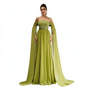 Vestido de noche elegante y lujoso de gasa verde transpirable con pedrería en el hombro, corte en A, cintura imperio, sin espalda, antiestático y modesto. - Product Image 2