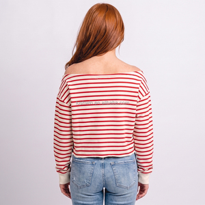 Felpa Corta da Donna a Righe Rosse e Bianche con Spalle Scoperte e Coulisse, Manica Lunga, Casual, Personalizzabile, Taglie Forti - Product Image 6