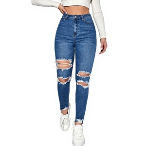 New Arrival Fashionable Sexy Casual Solid High Fitted Soft Distressed Ripped Skinny <b>Jeans</b> <b>Women</b> <b>Button</b> Eco-Friendly From BD - Product Image 2