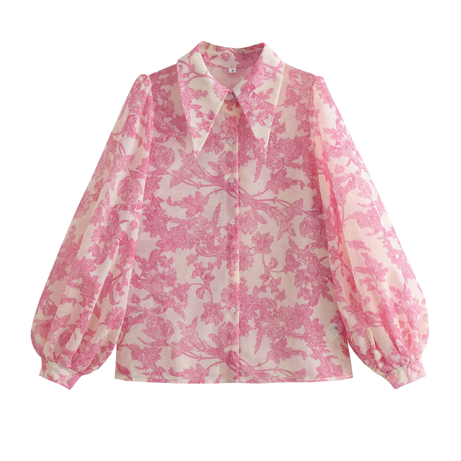 Estampado floral de color rosa y blanco de manga larga cuello vuelto casual modesto mujeres blusa tops