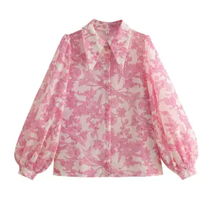 Floral print pink and white color long sleeve turn down collar casual modest women blouse tops