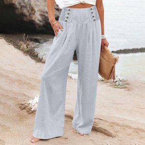 Ohsisa primavera ed estate Casual elasticizzato a <span class=keywords><strong>vita</strong></span> <span class=keywords><strong>alta</strong></span> <span class=keywords><strong>pantaloni</strong></span> larghi da <span class=keywords><strong>donna</strong></span> <span class=keywords><strong>pantaloni</strong></span> larghi in cotone tinta unita - Product Image 2