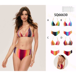 HDJ Plus Size Bikini Set Rainbow Stripe High Waist Bottoms Triangular <b>Top</b> Swimwear Women 2 Piece Set Spandex Polyester - Product Image 1