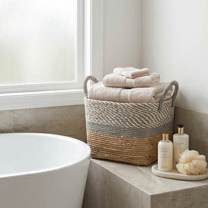 Two-Tone Woven Seagrass <b>Storage</b> <b>Basket</b> with Handles, Square <b>Wicker</b> <b>Shelf</b> Organizer Bin for Closet and Living Room - Product Image 3