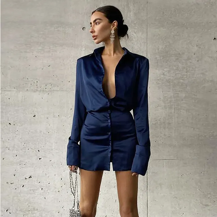 Nieuwkomers 2022 Fall Trendy Slim Vestidos Mujer Blue Satin Mini Jurk Shirt Lange Mouw Elegante Casual Jurken