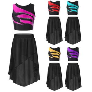 Costume de scène pour filles de 6 à 14 ans, haut court avec jupe en mousseline, ensembles pour la danse, la gymnastique, les compétitions, les spectacles scolaires - Product Image 1