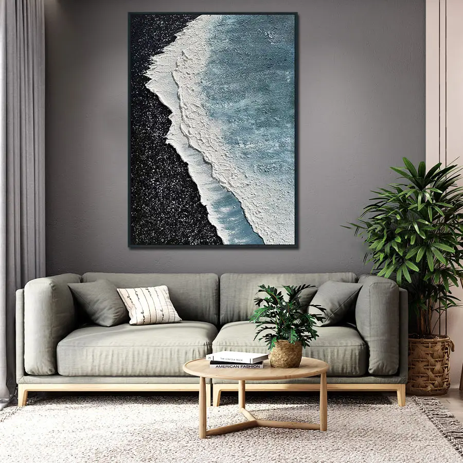 Original art Hand-Painted Modern Abstract Sea Art on Canvas with Texture Black Wood Frame Oil Painting Home Motel Hotel Decor