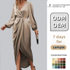 Abbigliamento <span class=keywords><strong>donna</strong></span> taglie forti personalizzato manica lunga lanterna lavoro ufficio abito in raso con collo a croce plissettato Modulare <span class=keywords><strong>abiti</strong></span> da sera - Product Image 1