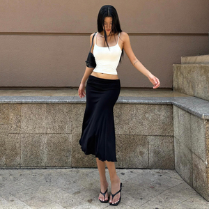 Jupe midi en tricot à taille basse de couleur unie, style décontracté, simple, ajustée, polyvalente et tendance - Product Image 3