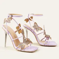 Son tasarım bayan resmi elbise ayakkabıları parlak benzersiz mor kelebek zarif kızlar Stiletto seksi parti düğün yüksek topuk kadın sandalet