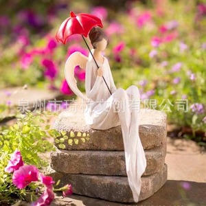 Figura de Ángel Guardián de Resina, Decoración para Jardín Exterior, Adorno para Balcón Interior, Soporte para Flores, con Sombrilla Roja, Postura Sentada - Product Image 4