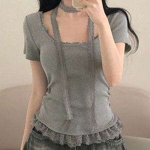 Camiseta de punto con ribete de encaje para mujer, cuello redondo, manga corta, diseño de bufanda, informal, para verano, a la moda - Product Image 6