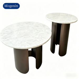 Modern Minimalist <b>Round</b> Marble Side <b>Table</b> Set <b>White</b> Natural Marble Tabletop with Curved Metal Base End <b>Table</b> for Living Room - Product Image 6