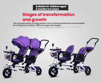 Triciclo Reversible con Asiento Reclinable para Gemelos, de Acero al Carbono, Unisex, de 2 a 4 Años, de 5 a 7 Años