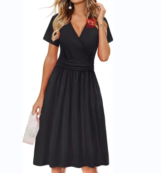 Classic Black Women's V-neck Short-sleeved Dress Solid Color Waist Closed Casual Knee-length Short Dress Summer Evening Dress