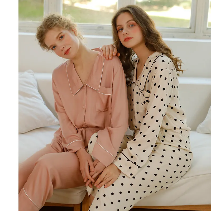 Frühling Einfache Satin Pyjamas Frauen Langarm Hosen Nachtwäsche Viskose Polka Dot Loungewear 2 Stück Pijama Sexy Nachtwäsche