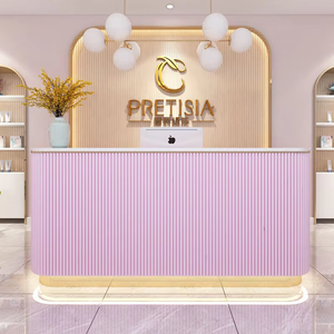 White Gold Modern Reception <b>Desk</b>, Luxury Ribbed Front Salon Front <b>Desk</b> with LED Base for Beauty Spa & Boutique - Product Image 4