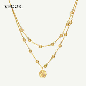 שרשרת חרוזים מדורגת נוצצת של VFOOK עם תליון פרח אמייל, זהב טהור 18 קראט, היפואלרגנית, שרשרת זהב מלא לנשים - Product Image 1