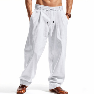 Pantalones anchos casuales de lino para hombre, transpirables, ligeros, con cintura elástica, para verano y playa - Product Image 4