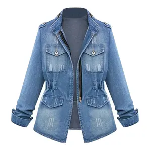 Jaket Jins Denim Cuci Wanita, Jaket Jins Lengan Panjang Biru Ramping Kualitas Tinggi