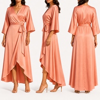 Robe Kimono Personnalisée en Soie Satinée Corail, Manches Longues, Coupe Asymétrique Mi-longue, pour Mère de la Mariée, Grandes Tailles, Couleur Personnalisée, OEM, Fabricant de Robes 2026