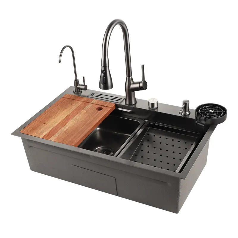 Juego de fregadero de cocina equipado con grifo extraíble de acero inoxidable, un lavabo grande para un solo fregadero