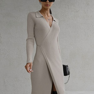 OEM ODM Hiver Automne Manches Longues Taille Haute Elégant Nouveau Revers Femmes Robe Longue Tricot <span class=keywords><strong>Sxey</strong></span> - Product Image 1