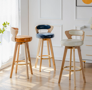 كراسي بار من الجلد الصناعي، كرسي عالي دوار للبار، قابل للتعديل من الخشب المنحني والحديد، مناسب لغرفة الطعام والمطبخ وغرفة المعيشة والفنادق والأماكن الخارجية - Product Image 3