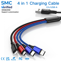 Kabel Pengisian Cepat Tipe C 4-in-1 Multi Charging Cable 65W PD USB-C 3.5A Kabel Pengisian Daya Nilon Terjalin untuk iPhone Samsung Android
