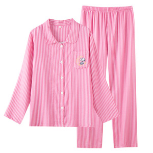 PJ-1467 Ensemble de pyjama en coton à manches longues pour femmes, motif Snoopy rayé, vêtements de maison, style automne-hiver, tissu fin, 2 pièces - Product Image 6