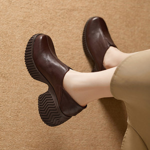 Zapato Artesanal de Una Sola Pieza con Hebilla Grande, Estilo Retro, Tacón Redondo, Cuero Genuino, Impermeable, Suela Blanda Antideslizante - Product Image 6