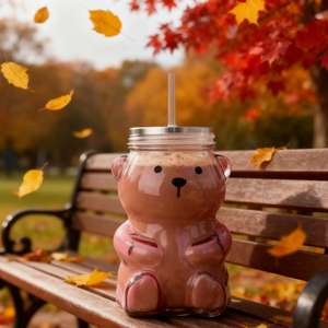 Gobelet en verre à double paroi sans BPA de forme classique en forme d'ours en peluche avec paille, réutilisable, anti-fuite, pour boissons froides, tasse à café avec chapeau - Product Image 3