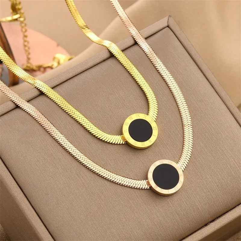 French Style Jewelry Women Rome Number Necklace Wholesale Chinese Jewellery 18K Gold Ttitaniun Steel Flat Snake Chain Necklace