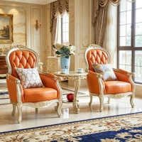 Ensemble de fauteuil d'appoint et table d'appoint de style classique européen, cadre en bois massif sculpté à la main, fauteuil rembourré, mobilier de salon, vente en gros