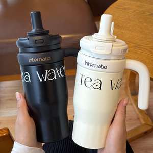 Vaso de acero inoxidable aislado de gran capacidad estilo <span class=keywords><strong>Instagram</strong></span> colorido con mango portátil taza de café de alta estética de paja - Product Image 2