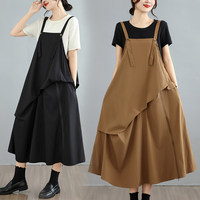 Robe salopette plissée irrégulière ample pour femme, nouvelle collection été, sans manches, polyvalente, grande taille, à bretelles, avec jupe à volants, pour l'extérieur