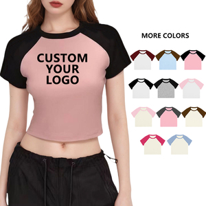 Summer Fallow 220gsm <strong>Cotton</strong> Fabric Slim Fit Raglon Crop Top <strong>for</strong> <strong>Women</strong> Wholesale Custom 92% <strong>Cotton</strong> 8% Spandex <strong>Women</strong> Y2k Baby Tees - Product Image 1