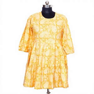 Vestido Midi Amarillo Estampado con Cuello Redondo y Manga Tres Cuartos, Corte Holgado, 100% Algodón, Vestido Casual de Verano para Mujer - Product Image 1