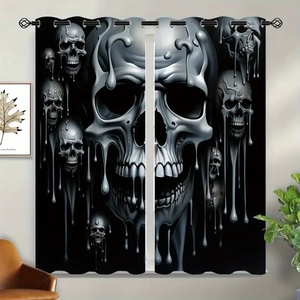Rideau à deux panneaux personnalisable avec motif Trois Crânes Sages 'Ne voir, ne entendre, ne parler que du bien', noir, pour chambre à coucher et décoration intérieure - Product Image 5