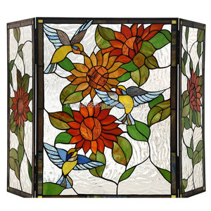 Stained Glass Fireplace <b>Screen</b> 3 Panels Sunflower Design Traditional Decor Cathedral Shape Living Room Artistic Decoration - Product Image 3