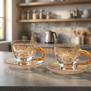 Crystal Glass <b>Cups</b> and <b>Saucers</b> Set of 2 with Gold Foil Flakes Handle Vintage Design for Party Presents Afternoon Tea - Product Image 6