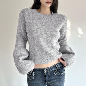 Pull décontracté à manches lanternes pour femmes, en crochet, col rond, respirant, couleur unie simple, viscose/polyester, pull chaud d'automne - Product Image 1